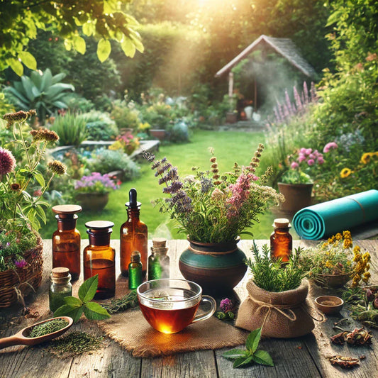 A serene herbal medicine scene featuring a rustic wooden table adorned with dried herbs, fresh botanicals, glass tincture bottles, and a steaming cup of herbal tea, evoking natural healing and holistic wellness.