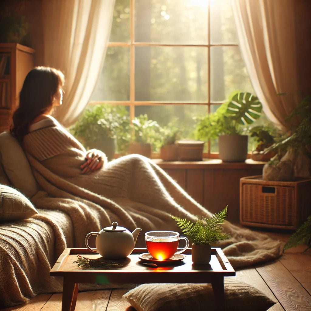 Lady resting on a couch with a blanket with a hot cup of herbal tea. She just took Dreamweaver sleep tonic