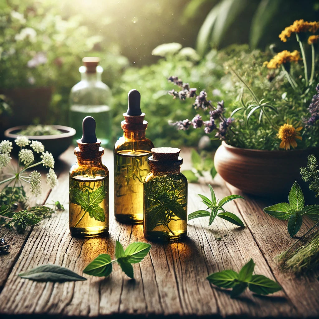 Three amber tincture bottles outside on a rustic wooden table surrounded by herbs, nature