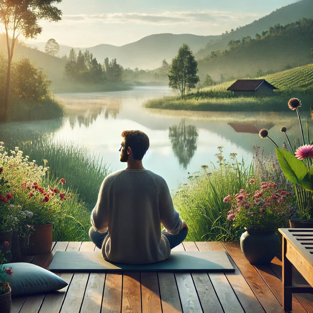 A peaceful and calming scene featuring a serene natural landscape with soft, warm lighting, evoking a sense of relaxation and inner peace—perfectly capturing the essence of anxiety relief.