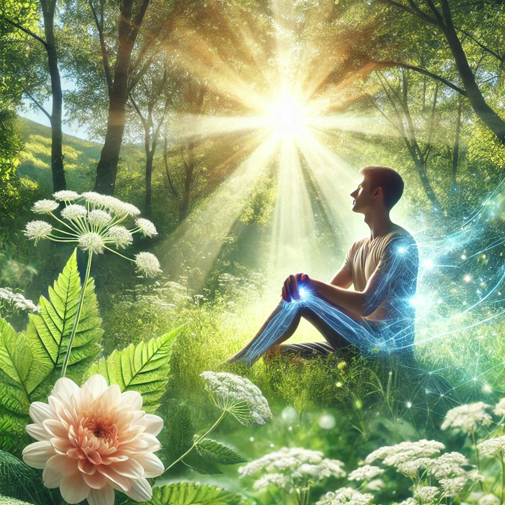 A soothing and serene natural setting featuring a peaceful individual enjoying relief from discomfort, surrounded by lush greenery and soft sunlight, symbolizing holistic pain relief.