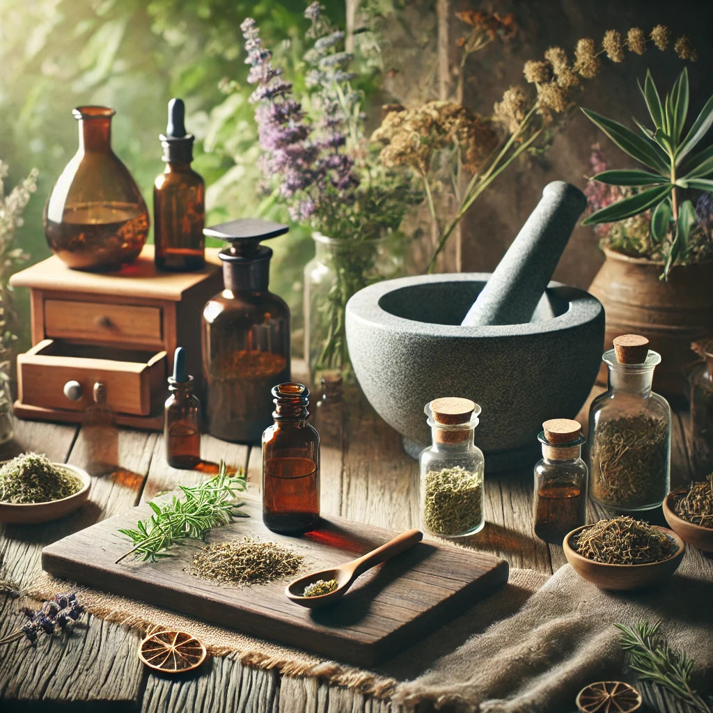 A serene and inviting herbalist's workspace featuring dried herbs, tincture bottles, and a mortar and pestle. A skilled herbalist is carefully crafting a tincture, surrounded by nature and healing plants, with soft, natural lighting enhancing the holistic and calming atmosphere.