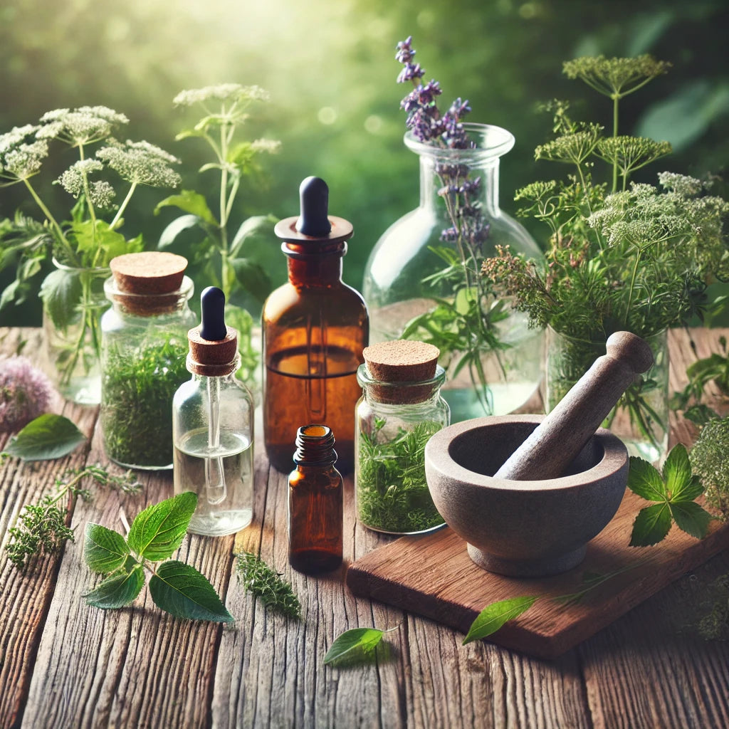 A rustic wooden table displaying a selection of fresh and dried herbs, glass jars of natural plant extracts, and a mortar and pestle, symbolizing pure, plant-based herbal medicine with no fillers or artificial ingredients.