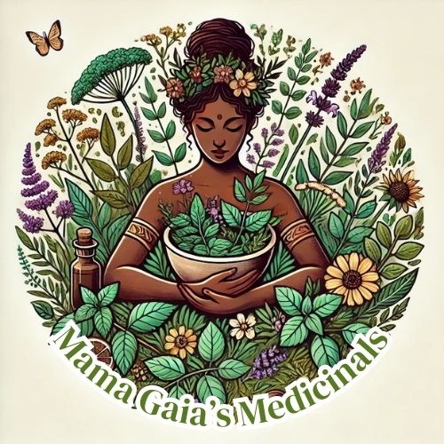 Logo of Mama Gaia holding a basket of herbal medicine surrounded by flowers, tincture bottles, and greenery